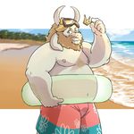  anthro asgore_dreemurr beach beard boss_monster caprine clothing crown facial_hair fur goat horn long_ears male mammal obese outside over_weight_male overweight seaside slightly_chubby solo swimming_trunks swimsuit undertale video_games wdh3905 white_fur 