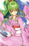  :3 botan_(yuu_yuu_hakusho) botan_(yuu_yuu_hakusho)_(cosplay) breasts c.c. code_geass cosplay creayus green_hair japanese_clothes kimono long_hair looking_at_viewer medium_breasts pink_kimono ponytail sitting smile solo yellow_eyes yuu_yuu_hakusho 