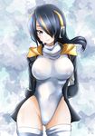  black_hair brown_eyes covered_navel emperor_penguin_(kemono_friends) hair_over_one_eye headphones highleg highleg_leotard kemono_friends leotard long_hair looking_at_viewer multicolored_hair open_clothes solo streaked_hair thighhighs urushima_jun white_legwear white_leotard 
