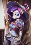 2017 anthro anthrofied assasinmonkey blue_eyes blush clothed clothing cutie_mark equine female flower flower_in_hair friendship_is_magic hair hat hi_res horn inside long_hair looking_at_viewer mammal my_little_pony navel plant rarity_(mlp) solo unicorn 
