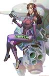  acronym alternate_color animal_print artist_name bangs bodysuit bracer breasts brown_eyes brown_hair bunny_print charm_(object) clothes_writing crossed_legs d.va_(overwatch) facepaint facial_mark full_body gloves gun handgun headphones high_collar highres holding holding_gun holding_weapon long_hair looking_at_viewer looking_to_the_side mecha medium_breasts meka_(overwatch) mila_the_mute overwatch parted_lips pilot_suit pink_lips pistol ribbed_bodysuit shoulder_pads signature simple_background sitting sitting_on_object skin_tight smile solo swept_bangs trigger_discipline weapon whisker_markings white_background white_gloves 