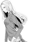  attsun_(atsushi_jb) breasts denim dutch_angle forehead from_side greyscale highres jeans long_hair looking_at_viewer medium_breasts monochrome original pants parted_lips ribbed_sweater solo sweater turtleneck turtleneck_sweater 