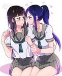  bangs black_hair black_skirt blue_hair blush eye_contact green_eyes hand_on_another's_hand hand_on_another's_shoulder heart kurosawa_dia long_hair long_ponytail looking_at_another love_live! love_live!_sunshine!! matsuura_kanan mole mole_under_mouth multiple_girls neckerchief negom nervous pleated_skirt ponytail purple_eyes school_uniform serafuku short_sleeves sidelocks sitting skirt smile spoken_blush sweatdrop tie_clip uranohoshi_school_uniform wrist_grab yuri 