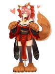  ;) absurdres animal_ears bangs bare_shoulders bell bell_collar black_legwear bow breasts cleavage closed_mouth collar detached_sleeves eyebrows_visible_through_hair fate/grand_order fate_(series) fox_ears fox_tail full_body hair_between_eyes hair_bow hands_up heart highres japanese_clothes jingle_bell kimono kimono_pull kimono_skirt large_breasts long_hair looking_at_viewer one_eye_closed paw_print paws ponytail red_bow red_kimono smile solo standing sukemyon tail tamamo_(fate)_(all) tamamo_cat_(fate) thighhighs 