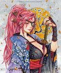  baiken between_breasts breasts cleavage eyepatch guilty_gear guilty_gear_xrd hair_ornament hitsuki_(hiidukii) japanese_clothes katana kimono large_breasts long_hair obi pink_hair ponytail sash solo sword tattoo weapon 