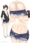  ama_mitsuki ass bare_legs barefoot blurry breasts brown_eyes brown_hair casual commentary contemporary covering covering_ass cutoffs dated denim denim_skirt from_behind full_body hair_between_eyes hair_ornament hands_in_pockets hood hooded_track_jacket jacket kantai_collection lips looking_at_viewer miniskirt multiple_views navel panties pantyshot parted_lips scarf sendai_(kantai_collection) short_hair shuriken shuriken_hair_ornament skirt skirt_pull sleeves_rolled_up small_breasts standing thighs track_jacket underwear unzipped white_panties white_scarf 