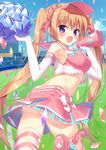  ass bleachers blue_eyes blush bow breasts check_commentary check_translation cheerleader commentary_request confetti elbow_gloves eyebrows_visible_through_hair fang field gloves gradient_eyes hair_ribbon highres layered_skirt long_hair looking_back medium_breasts midriff miniskirt moe2017 mofukoke multicolored multicolored_eyes open_mouth orange_hair original pink_ribbon pink_sailor_collar pink_skirt pom_poms purple_eyes ribbon sailor_collar shirt single_thighhigh skirt skirt_lift sleeveless sleeveless_shirt solo striped striped_skirt thigh_ribbon thighhighs translation_request twintails very_long_hair visor_cap white_gloves wind wind_lift 