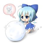  ahoge blue_dress blue_eyes blue_hair blue_ribbon chibi cirno dress dust_cloud jinnouchi_akira open_mouth ribbon sculpture smile snowball solo statue thought_bubble touhou translated 