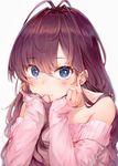  :3 antenna_hair bangs bare_shoulders blue_eyes blush breasts brown_hair closed_mouth collarbone eyebrows_visible_through_hair eyelashes face hair_in_mouth hands_on_own_cheeks hands_on_own_face hands_up highres ichinose_shiki idolmaster idolmaster_cinderella_girls long_hair long_sleeves looking_at_viewer medium_breasts mouth_hold off-shoulder_sweater pink_sweater simple_background sleeves_past_wrists smile solo somalisu sweater upper_body white_background 