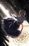  alice_margatroid architecture blonde_hair blue_eyes book capelet dress frilled_ribbon frills frown gothic_architecture grimoire_of_alice hairband highres katann looking_back profile red_string ribbon solo string touhou 
