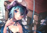  \||/ artist_name bangs beret blue_dress blue_eyes blue_hair blue_ribbon blush breasts checkered checkered_floor close-up dress floating_hair hair_between_eyes hand_on_own_chest hand_up hat highres lee_(saraki) long_hair looking_at_viewer neck_ribbon open_mouth original ribbon saraki signature small_breasts solo spaghetti_strap strap_slip table teeth upper_body very_long_hair white_hat 