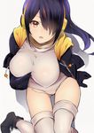  absurdres akechi_shizuku black_hair blush boots breasts brown_eyes covered_nipples emperor_penguin_(kemono_friends) hair_over_one_eye headphones highres hood hoodie kemono_friends large_breasts leotard long_hair looking_at_viewer multicolored_hair open_mouth self_fondle simple_background sitting solo thighhighs white_background white_legwear white_leotard 