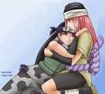  armor black_hair clothed clothing cute duo female grey_background hair headband helmet hug human kin_tsuchi long_hair mammal naruto not_furry pink_hair signature simple_background sitting tayuya unknown_artist 