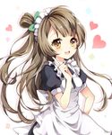  :d apron bangs black_ribbon bow brown_hair green_bow hair_bow hand_on_hip heart index_finger_raised long_hair love_live! love_live!_school_idol_project maid maid_apron maid_headdress minami_kotori neck_ribbon one_side_up open_mouth pingo ribbon short_sleeves smile solo yellow_eyes 