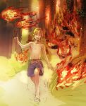  arson bare_shoulders barefoot belt collarbone fire forest holding kokutan_kitsunen link male_focus nature navel running shirtless shorts smile solo the_legend_of_zelda the_legend_of_zelda:_breath_of_the_wild 