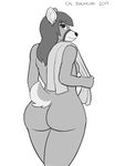  2017 anthro breasts butt cervine corporalbackrubs deer digital_media_(artwork) female greyscale hair hi_res holding_towel long_hair looking_at_viewer looking_back mammal monochrome nude side_boob simple_background smile solo standing towel white_background wide_hips 