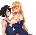  1boy 1girl areolae bare_shoulders blonde_hair blush braid breasts caressing cleavage collarbone gundam gundam_tekketsu_no_orphans hana_(tmtmrgrgtrg) hetero highres kudelia_aina_bernstein large_breasts long_hair mikazuki_augus nipple_slip nipples no_bra open_mouth purple_eyes simple_background sitting_on_person white_background 