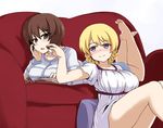  bangs bare_legs barefoot blonde_hair blue_eyes blue_shirt blue_skirt blush book braid brown_eyes brown_hair casual chin_rest chocolate closed_mouth couch darjeeling dress food girls_und_panzer heart holding holding_food long_sleeves looking_at_another looking_back lying multiple_girls nishizumi_maho on_stomach open_book parted_lips pillow shanaharuhi shirt short_dress short_hair short_sleeves simple_background sitting skirt smile striped striped_shirt tied_hair twin_braids white_background white_dress yuri 