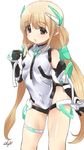  angela_balzac angela_balzac_(cosplay) bare_shoulders blonde_hair breasts brown_eyes commentary_request cosplay covered_navel deva_battle_suit elbow_gloves futaba_anzu gloves headgear idolmaster idolmaster_cinderella_girls leotard long_hair looking_at_viewer low_twintails rakuen_tsuihou shift_(waage) signature simple_background small_breasts solo thigh_strap twintails very_long_hair 