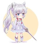  animal_ears blue_eyes blush boots chibi commentary_request earrings flat_chest holding iesupa jewelry left-handed long_hair myrtenaster necklace ponytail rwby scar scar_across_eye solo sword tail weapon weiss_schnee white_hair 