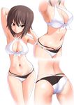  armpits ass bikini blurry breasts brown_eyes brown_hair cleavage cowboy_shot criss-cross_halter depth_of_field front-tie_bikini front-tie_top gin'you_haru girls_und_panzer hair_between_eyes halter_top halterneck highres large_breasts mismatched_bikini multiple_views navel nishizumi_maho simple_background standing swimsuit white_background white_bikini 