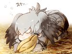  :3 closed_eyes commentary_request gradient_hair head_wings kemono_friends long_hair lying multicolored_hair on_stomach pantyhose shoebill_(kemono_friends) silver_hair sleeping solo straw_(stalk) tail tanaka_kusao translated twitter_username 