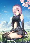  absurdres ankle_boots armor armored_dress bare_shoulders black_armor black_dress black_gloves black_legwear blue_sky blush boots breasts closed_mouth cloud clover day dress elbow_gloves fate/grand_order fate_(series) field four-leaf_clover full_body gloves grass grey_footwear hair_over_one_eye high_heel_boots high_heels highres holding looking_at_viewer mash_kyrielight medium_breasts navel navel_cutout outdoors pink_hair purple_eyes seiza short_hair sitting sky sleeveless sleeveless_dress smile solo sousouman stomach thigh_strap thighhighs thighs 