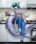  anthro barefoot breasts clothed clothing female fin fish green_eyes green_hair hair hand_behind_head inside kitchen looking_at_viewer marine mykegreywolf non-mammal_breasts shark sitting smile solo 