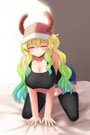  ^_^ all_fours baseball_cap bed_sheet black_legwear blonde_hair blush breasts cleavage closed_eyes covered_nipples cowfee dragon_girl dragon_horns eyebrows_visible_through_hair facing_viewer full_body gradient_hair green_hair hanging_breasts hat highres horns indoors kobayashi-san_chi_no_maidragon large_breasts long_hair multicolored_hair quetzalcoatl_(maidragon) shiny shiny_hair short_shorts shorts smile solo tank_top thighhighs yellow_pupils 