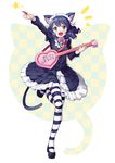  :d animal_ears arm_up bell black_dress black_hair bow bowtie cat_ears cat_tail checkered cyan_(show_by_rock!!) dress drill_hair eyebrows_visible_through_hair fang full_body green_eyes heart_guitar highres holding holding_instrument instrument leg_up long_hair looking_at_viewer maid maid_headdress mary_janes open_mouth pink_bow saiste shoes show_by_rock!! smile solo standing strawberry_heart striped striped_legwear tail thighhighs 