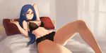  bedroom black_bra black_panties blue_hair bra breasts choker glasses highres indoors lingerie little_witch_academia long_hair looking_at_viewer lying medium_breasts navel on_back on_bed panties pillow red_eyes sendrawz smile solo underwear underwear_only ursula_charistes 