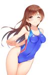  3; blush breasts brown_eyes brown_hair chiro_(norishiro_michiro) competition_swimsuit covered_navel cowboy_shot eyebrows_visible_through_hair highres idolmaster idolmaster_cinderella_girls idolmaster_cinderella_girls_starlight_stage long_hair medium_breasts nitta_minami one-piece_swimsuit one_eye_closed simple_background solo stretch swimsuit white_background 