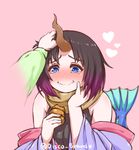  artist_name bare_shoulders black_hair blue_eyes blush breasts commentary cream_puff disco_brando dragon_girl dragon_horns dragon_tail elma_(maidragon) food gradient_hair half-closed_eyes hand_on_own_cheek happy happy_tears horns japanese_clothes kimono kobayashi-san_chi_no_maidragon kobayashi_(maidragon) large_breasts leotard_under_clothes long_sleeves multicolored_hair off_shoulder petting pink_background pov scarf short_hair simple_background sleeveless smile tail tears upper_body wavy_mouth 