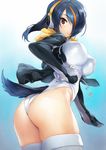 ass black_hair blush breasts brown_eyes covered_nipples emperor_penguin_(kemono_friends) eyebrows_visible_through_hair hair_over_one_eye headphones highres hood hoodie kemono_friends large_breasts leotard long_hair looking_at_viewer looking_back matsuda_(matsukichi) multicolored_hair simple_background solo tail thighhighs white_legwear white_leotard 