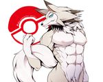  2016 anthro armpits canine claws fangs fur lycanroc male mammal midday_lycanroc muscular nintendo nude pok&eacute;mon simple_background siro_komainu solo video_games white_fur wolf 