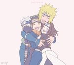  1girl 3boys ^_^ ^o^ blush group_hug happy hatake_kakashi hug multiple_boys namikaze_minato naruto naruto_shippuuden nohara_rin smile uchiha_obito 