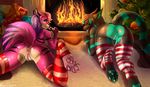  2017 anthro anus black_fur black_hair butt candy candy_cane canine christmas clothing duo eleacat english_text female fire fireplace food fox fur gift green_fur green_hair green_pawpads green_pussy hair holidays legwear licking long_hair lying mammal mostly_nude on_front pawpads pink_pawpads purple_fur purple_hair pussy raised_tail selene_leni signature spread_legs spreading stripes text tongue tongue_out white_fur 