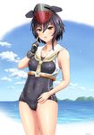  asymmetrical_hair black_hair black_swimsuit brown_eyes cloud cowboy_shot day framed_breasts gloves hair_between_eyes hat headphones highres i-13_(kantai_collection) index_finger_raised kantai_collection looking_at_viewer partly_fingerless_gloves sailor_collar school_swimsuit short_hair single_glove solo standing swimsuit wet yurashima 