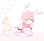  1girl animal_ears bare_shoulders barefoot blue_eyes blush breasts bunny_ears cleavage detached_sleeves estellise_sidos_heurassein panties pink_hair short_hair tales_of_(series) tales_of_vesperia 