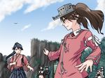  4girls ;) admiral_(kantai_collection) ahoge black_eyes black_hair blue_sky brown_eyes brown_hair cliff cloud cloudy_sky commentary_request day dress fighting_stance glasses hakama hat houshou_(kantai_collection) japanese_clothes kantai_collection kariginu long_hair magatama military military_uniform multiple_girls nagato_(kantai_collection) naval_uniform navel northern_ocean_hime one_eye_closed peaked_cap raised_fist ryuujou_(kantai_collection) shinkaisei-kan sir_ichirou sky smile stance sweat tasuki twintails uniform visor_cap white_dress white_hair white_skin wind 