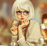  absurdres bangs blue_eyes blurry bob_cut body_writing bokeh brown-framed_eyewear chin_rest commentary depth_of_field eyelashes glasses highres lemon_cat light_smile lips lipstick long_sleeves looking_afar looking_away makeup mascara okitegami_kyouko okitegami_kyouko_no_bibouroku original parted_lips photo-referenced pink_lipstick realistic ribbed_sweater short_hair solo sweater swept_bangs upper_body white_hair white_sweater 