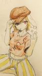  adjusting_clothes adjusting_hat animal_ears bangs blonde_hair breasts bunny_ears commentary_request dango efukei floppy_ears food hat looking_at_viewer medium_breasts midriff mouth_hold navel orange_hat orange_shirt red_eyes ringo_(touhou) shirt short_hair short_sleeves solo striped touhou traditional_media vertical_stripes wagashi 