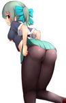  :o absurdres aqua_bow ass black_serafuku boruhis bow breasts brown_legwear cameltoe eyebrows_visible_through_hair foreshortening green_hair green_skirt hair_bow highres kantai_collection kneepits leaning_forward leg_up miniskirt open_mouth pantyhose pleated_skirt ponytail red_eyes school_uniform serafuku short_ponytail short_sleeves skirt small_breasts solo standing standing_on_one_leg underwear upskirt white_background yuubari_(kantai_collection) 