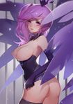 1girl absurdres armpits ass bangs bare_shoulders black_legwear bottomless breastless_clothes breasts choker cleavage cowboy_shot crown dark_elementalist_lux elbow_gloves elementalist_lux from_side gloves highres league_of_legends light_smile long_hair looking_at_viewer looking_to_the_side luxanna_crownguard medium_breasts nipples paid_reward parted_lips patreon_reward pink_eyes purple_gloves purple_hair pussy shiny shiny_hair side_ponytail sleeveless solo songjikyo sparkle symbol-shaped_pupils wings 