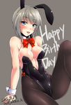  anastasia_(idolmaster) animal_ears blue_eyes bow bowtie breasts bunny_ears bunny_tail bunnysuit cleavage dated detached_collar grey_background happy_birthday idolmaster idolmaster_cinderella_girls kirisaki_byakko medium_breasts pantyhose short_hair silver_hair simple_background sitting solo tail tongue tongue_out twitter_username wrist_cuffs 