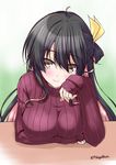  alternate_costume black_hair breast_rest breasts brown_eyes casual commentary_request hair_ribbon kantai_collection large_breasts long_hair looking_at_viewer mikage_takashi multicolored_hair naganami_(kantai_collection) ribbed_sweater ribbon smile solo sweater twitter_username two-tone_hair 