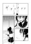  comic fubuki_(kantai_collection) greyscale kantai_collection ki-51_(ampullaria) monochrome neckerchief page_number pleated_skirt remodel_(kantai_collection) school_uniform serafuku short_ponytail skirt water wet wet_face 