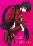  black_hair character_name commentary_request danganronpa expressionless fetal_position hair_ornament hair_scrunchie harukawa_maki leg_hug long_hair looking_at_viewer low_twintails new_danganronpa_v3 pleated_skirt ram_hachimin red_eyes red_scrunchie school_uniform scrunchie serafuku skirt thighhighs twintails very_long_hair 