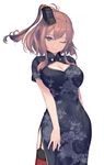  alternate_costume black_dress blue_eyes breasts brown_hair china_dress chinese_clothes contrapposto cowboy_shot dress floral_print garter_straps hair_between_eyes kantai_collection large_breasts light_smile lips long_hair looking_at_viewer one_eye_closed ponytail red_legwear rokuwata_tomoe saratoga_(kantai_collection) side_ponytail signature solo standing thighhighs 