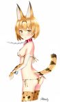  adapted_costume animal_ears ass bikini blonde_hair blush breasts chain collar covered_nipples cuffs eyebrows eyebrows_visible_through_hair globe handcuffs kemono_friends medium_breasts open_mouth puririn serval_(kemono_friends) serval_ears short_hair simple_background solo swimsuit tail yellow_eyes 
